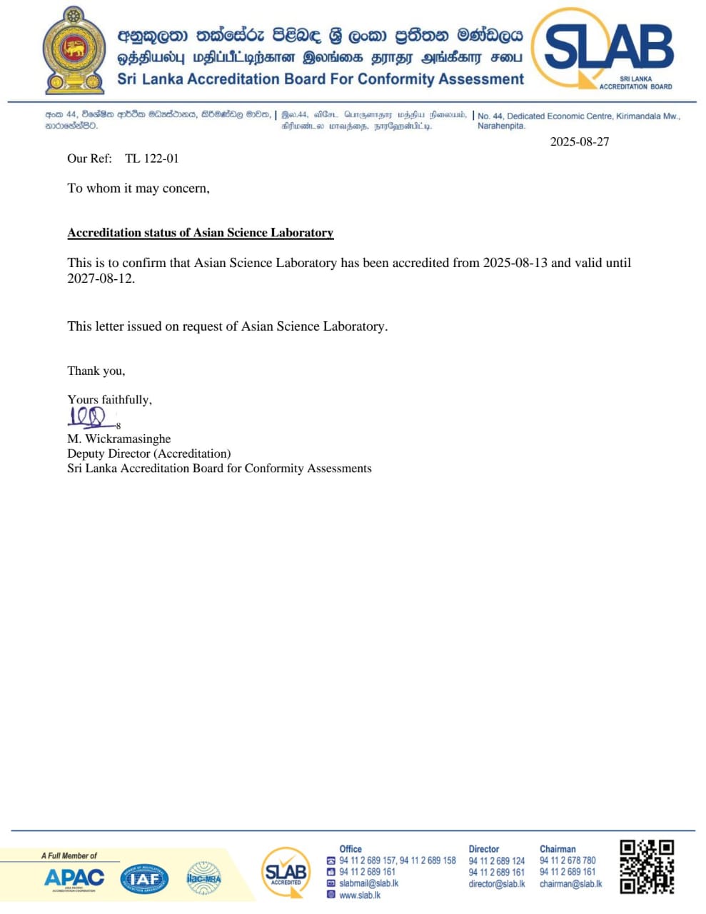 SLAB Accreditation Certificate — Asian Science Research (Pvt) Ltd